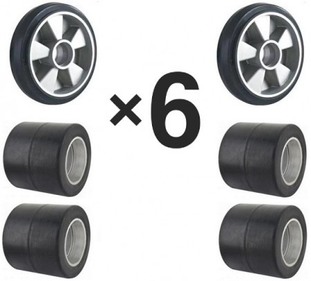 2× Lenkrad 200×50 mm Gummi + 4× Gabelrolle 80x70 mm Gummi